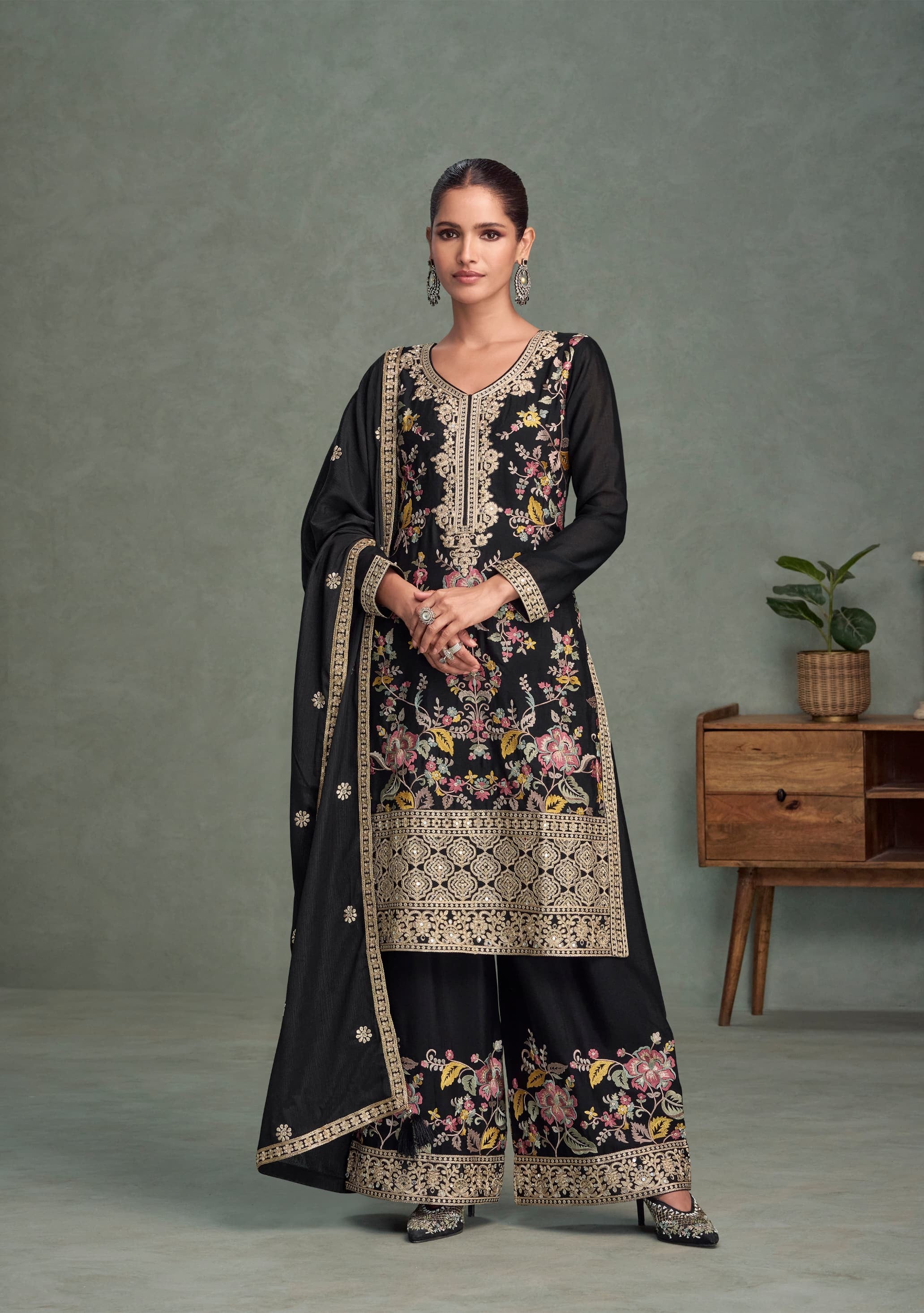 Aarshi Fashions Black Chinon Heavy Embroidery Wedding Palazzo Suit
