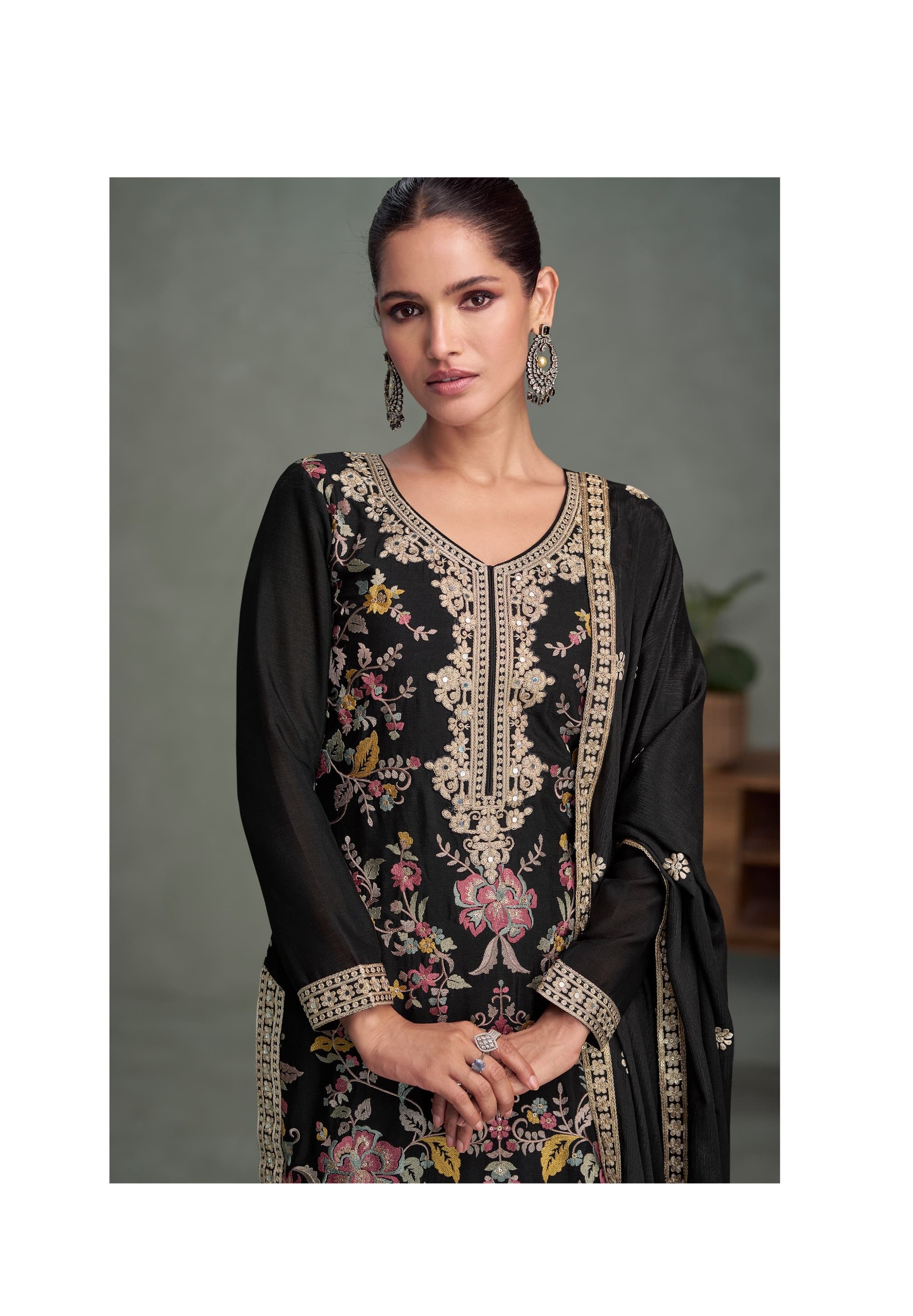 Aarshi Fashions Black Chinon Heavy Embroidery Wedding Palazzo Suit