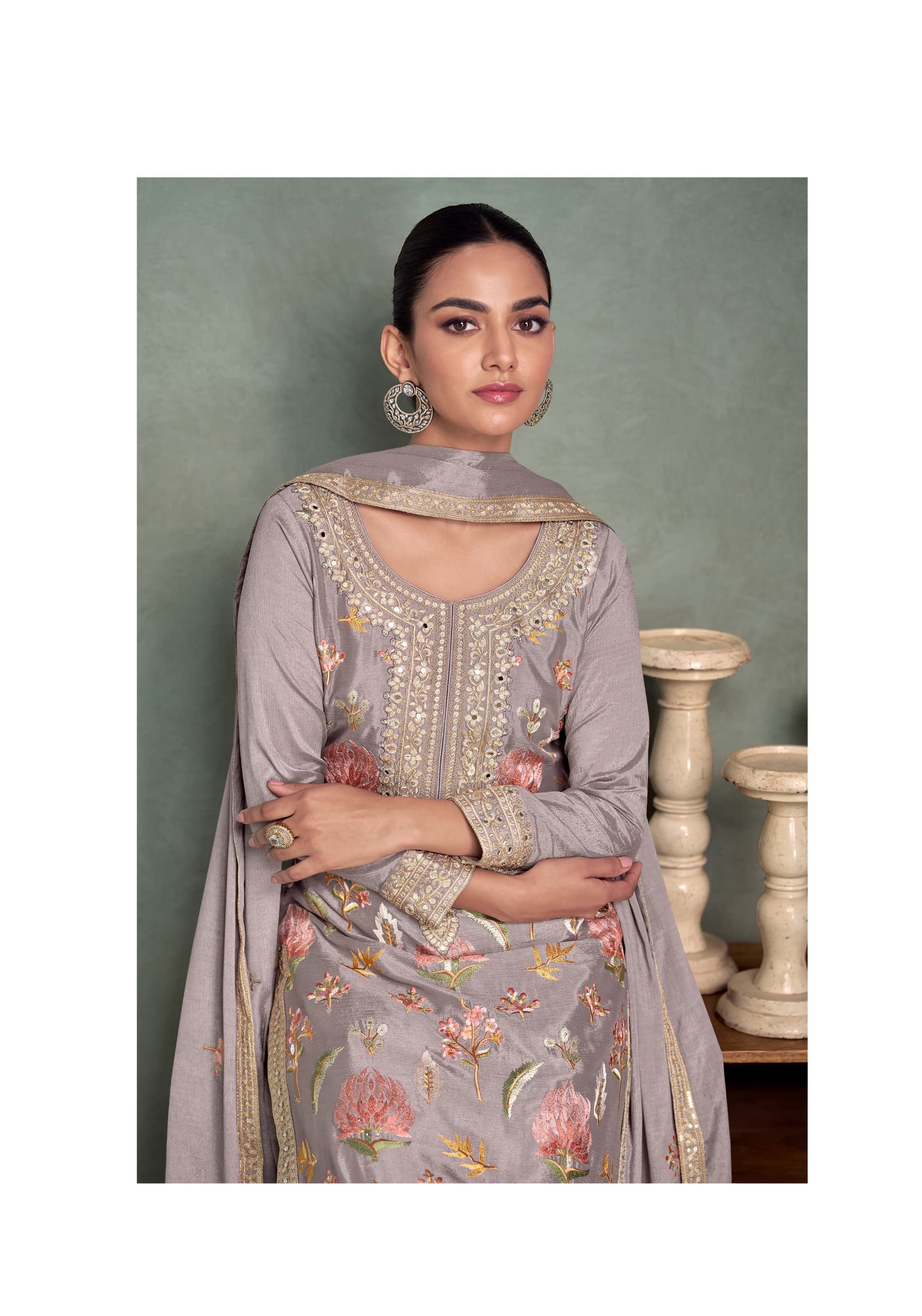 Aarshi Fashions Light Purple Chinon Heavy Embroidery Wedding Palazzo Suit