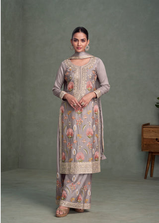 Aarshi Fashions Light Purple Chinon Heavy Embroidery Wedding Palazzo Suit
