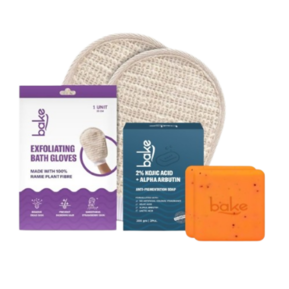 Bake Tan Removal Exfoliating Bath Kit - 100% Ramie Plant Fibre Gloves + Kojic Acid Soap (2 Pcs) with Scrub Treatment - Distacart