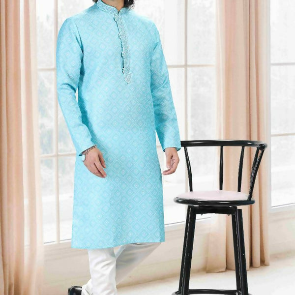 Raivat Ethnic Cotton Thread Work Kurta Pajama In Sky Blue Colour - Dista