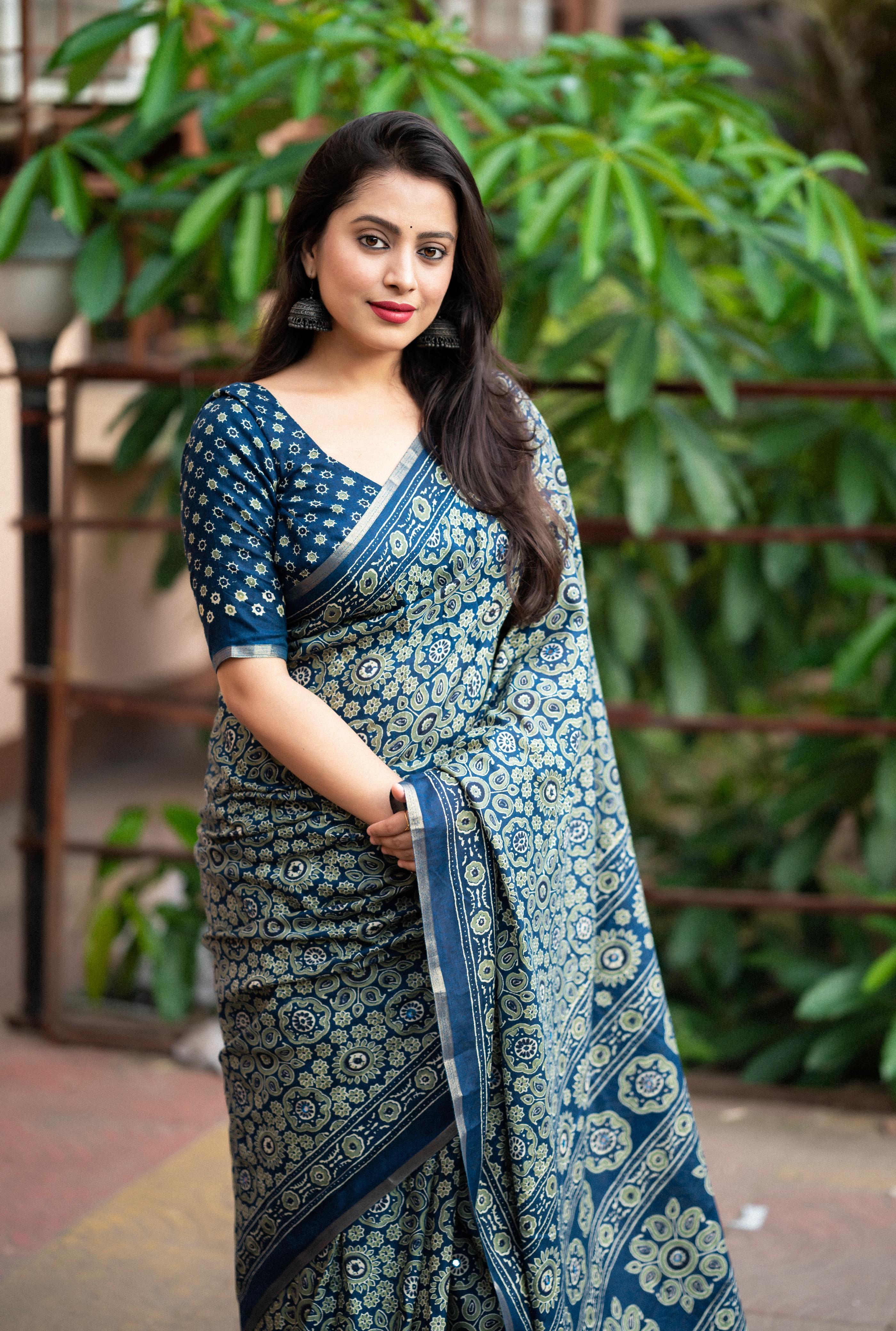Blue Cotton Blend Ajrak Saree with Unstitched Blouse - Hiral Fashion - Distacart