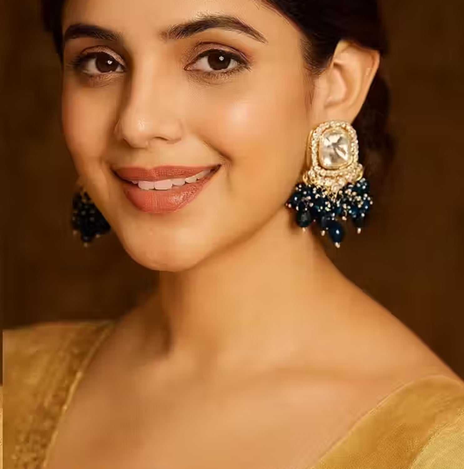 Jewel City Traditional Gold-Plated Kundan Earrings with Blue Beads – Handcrafted Ethnic Dangler Jewelry – Wedding & Party Wear