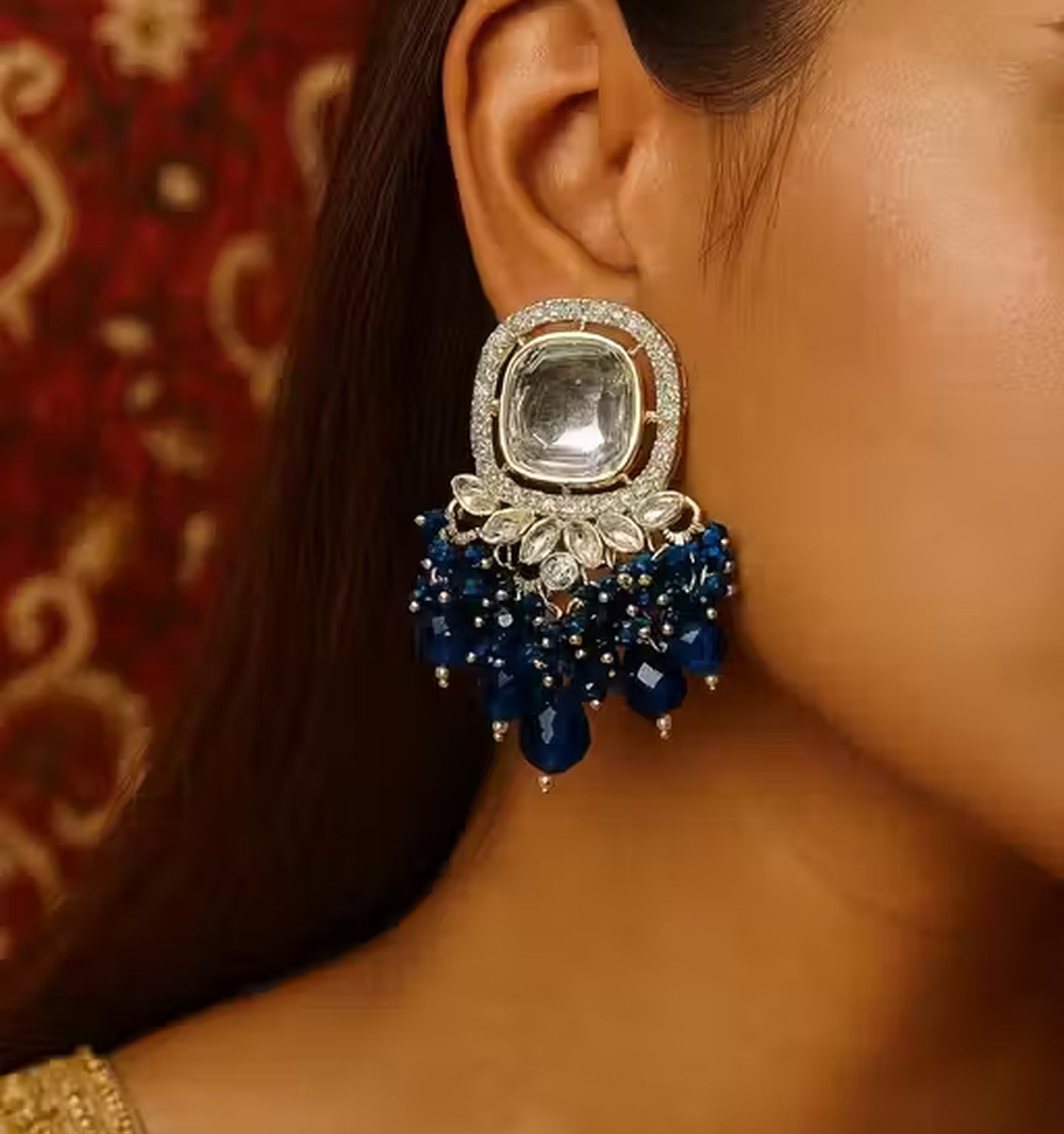 Jewel City Traditional Gold-Plated Kundan Earrings with Blue Beads – Handcrafted Ethnic Dangler Jewelry – Wedding & Party Wear