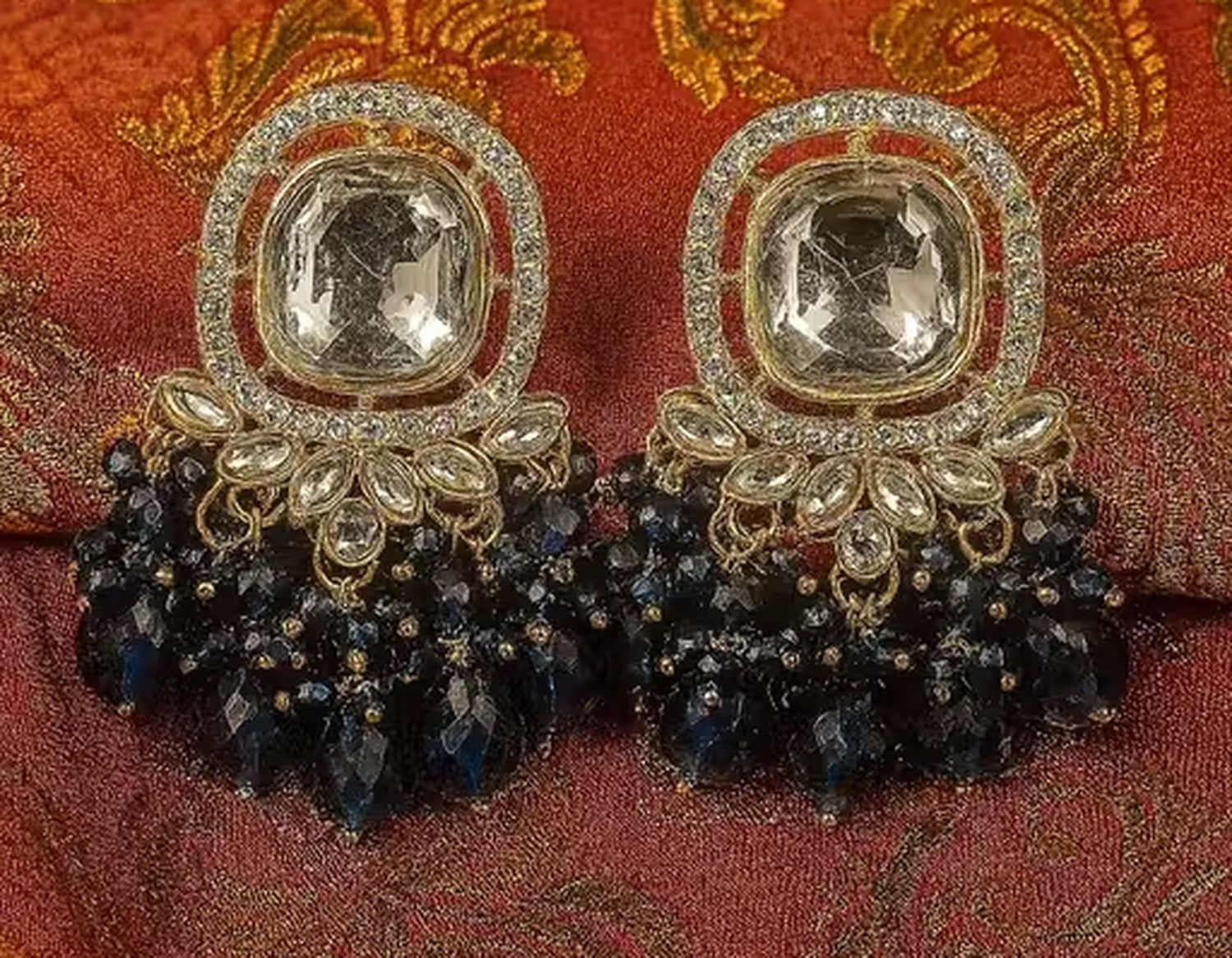 Jewel City Traditional Gold-Plated Kundan Earrings with Blue Beads – Handcrafted Ethnic Dangler Jewelry – Wedding & Party Wear