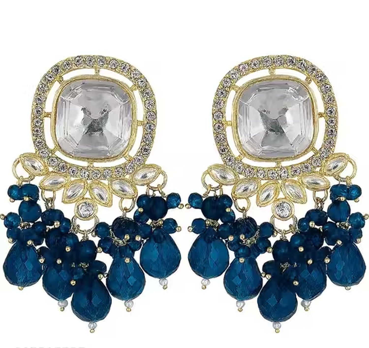 Jewel City Traditional Gold-Plated Kundan Earrings with Blue Beads – Handcrafted Ethnic Dangler Jewelry – Wedding & Party Wear