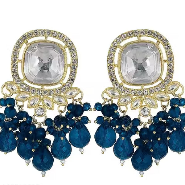 Jewel City Traditional Gold-Plated Kundan Earrings with Blue Beads – Handcrafted Ethnic Dangler Jewelry – Wedding & Party Wear - Distacart