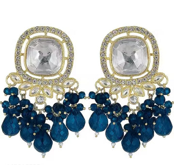 Jewel City Traditional Gold-Plated Kundan Earrings with Blue Beads – Handcrafted Ethnic Dangler Jewelry – Wedding & Party Wear - Distacart
