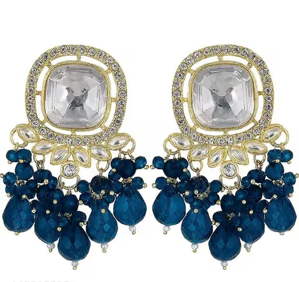 Jewel City Traditional Gold-Plated Kundan Earrings with Blue Beads – Handcrafted Ethnic Dangler Jewelry – Wedding & Party Wear