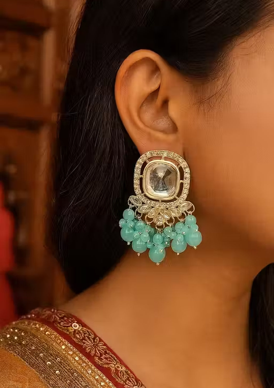 Jewel City Traditional Gold-Plated Kundan Earrings with Blue Beads – Handcrafted Ethnic Dangler Jewelry – Wedding & Party Wear
