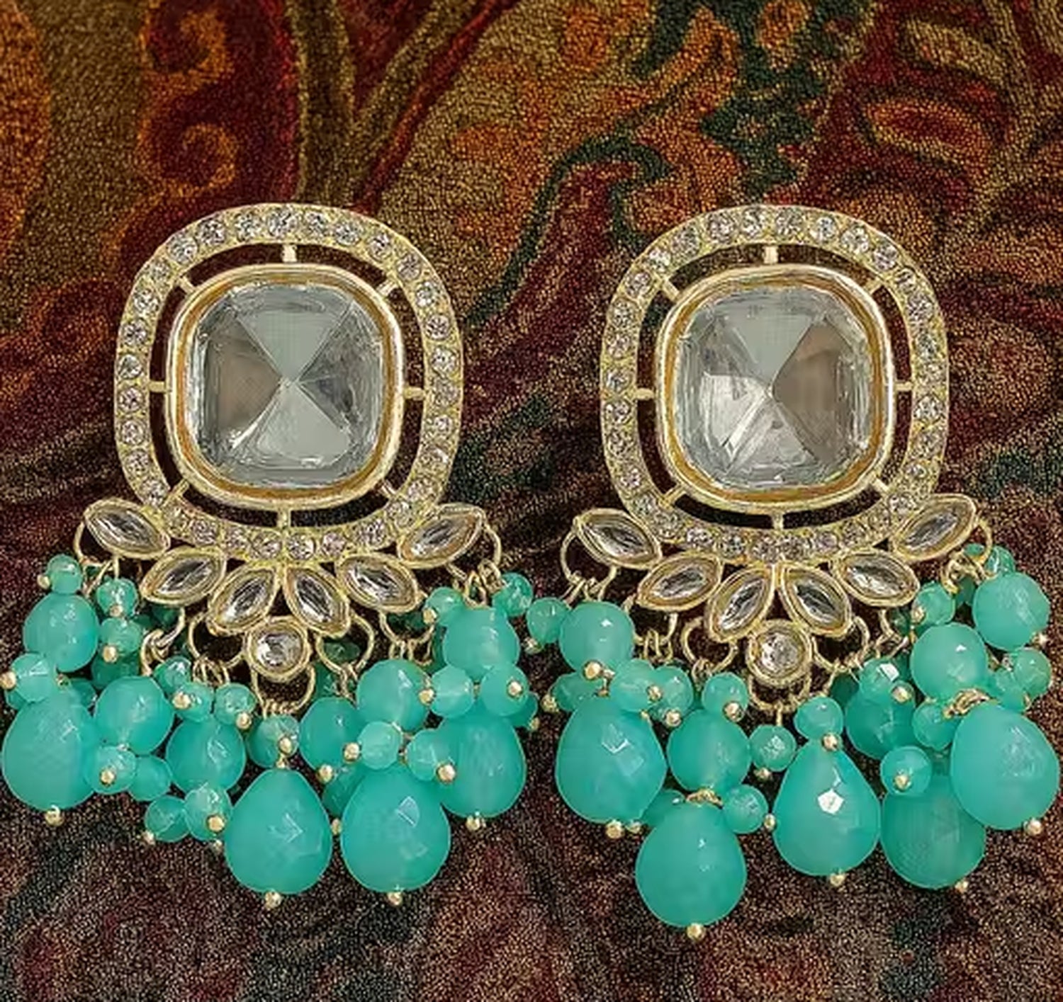 Jewel City Traditional Gold-Plated Kundan Earrings with Blue Beads – Handcrafted Ethnic Dangler Jewelry – Wedding & Party Wear