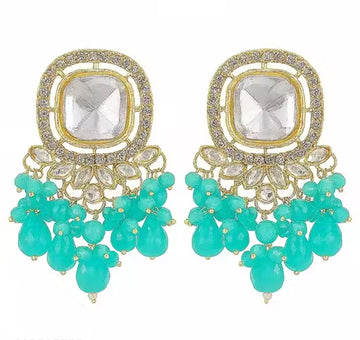 Jewel City Traditional Gold-Plated Kundan Earrings with Blue Beads – Handcrafted Ethnic Dangler Jewelry – Wedding & Party Wear - Distacart