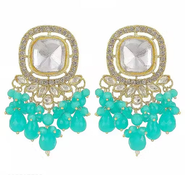 Jewel City Traditional Gold-Plated Kundan Earrings with Blue Beads – Handcrafted Ethnic Dangler Jewelry – Wedding & Party Wear