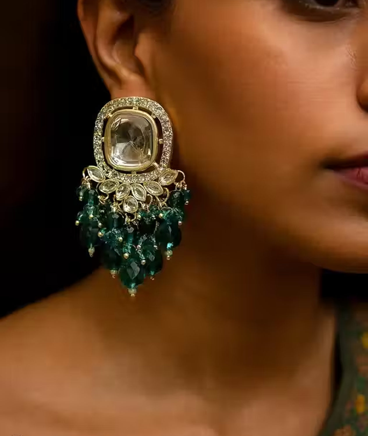 Jewel City Traditional Gold-Plated Kundan Earrings with Blue Beads – Handcrafted Ethnic Dangler Jewelry – Wedding & Party Wear