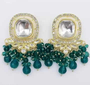 Jewel City Traditional Gold-Plated Kundan Earrings with Blue Beads – Handcrafted Ethnic Dangler Jewelry – Wedding & Party Wear - Distacart