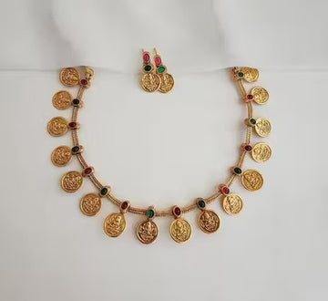Jewel City Temple Coin Necklace Set – Traditional Gold-Plated Lakshmi Design – South Indian Ethnic Jewelry Set - Distacart