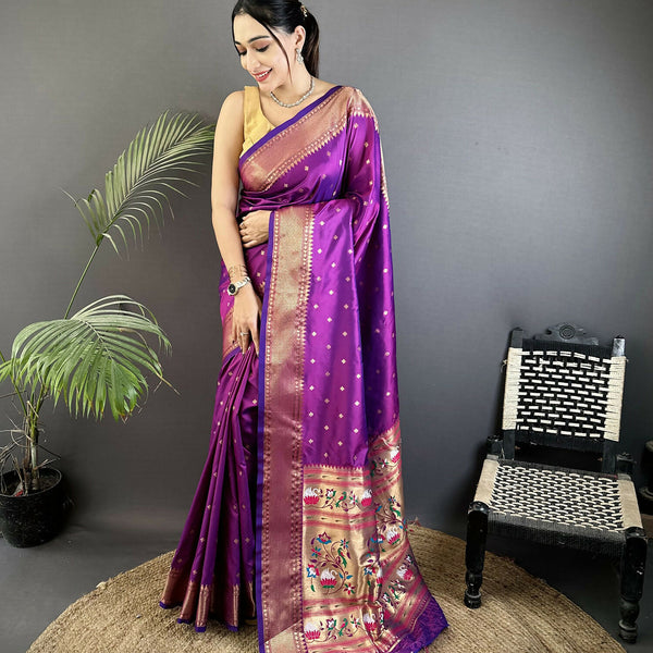 Joban Fashion Purple Butti Woven Soft Lichi Silk Paithani Saree - Distacart