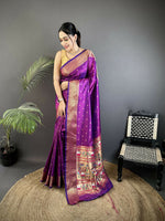 Thumbnail for Joban Fashion Purple Butti Woven Soft Lichi Silk Paithani Saree - Distacart