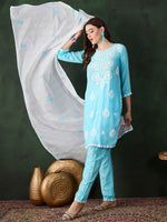Thumbnail for Sangria Blue and White Ethnic Motifs Embroidered Thread Work Pure Cotton Kurta Set