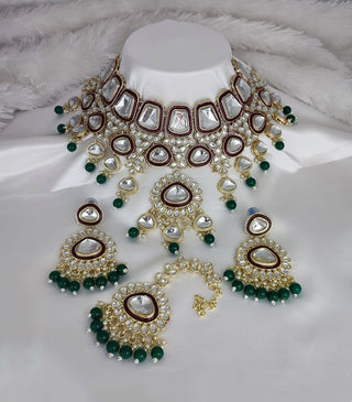 Jewel City Crystal Glass Kundan Choker Set with Maang Tikka - Royal Wedding Collection (Premium Pearl Drops)
