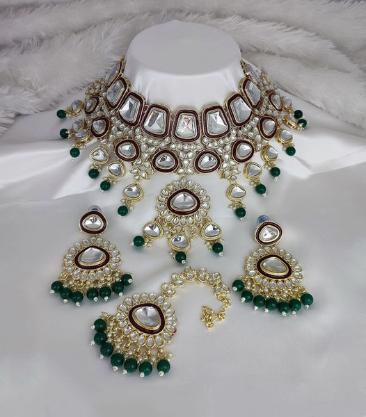 Jewel City Crystal Glass Kundan Choker Set with Maang Tikka - Royal Wedding Collection (Premium Pearl Drops)