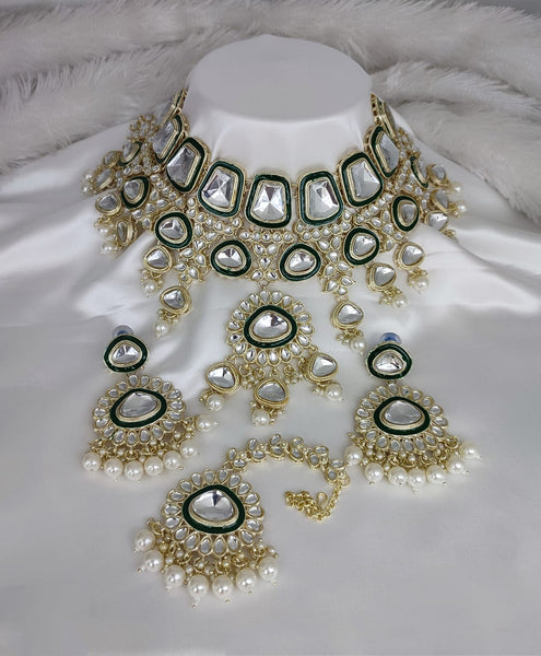 Jewel City Crystal Glass Kundan Choker Set with Maang Tikka - Royal Wedding Collection (Premium Pearl Drops)