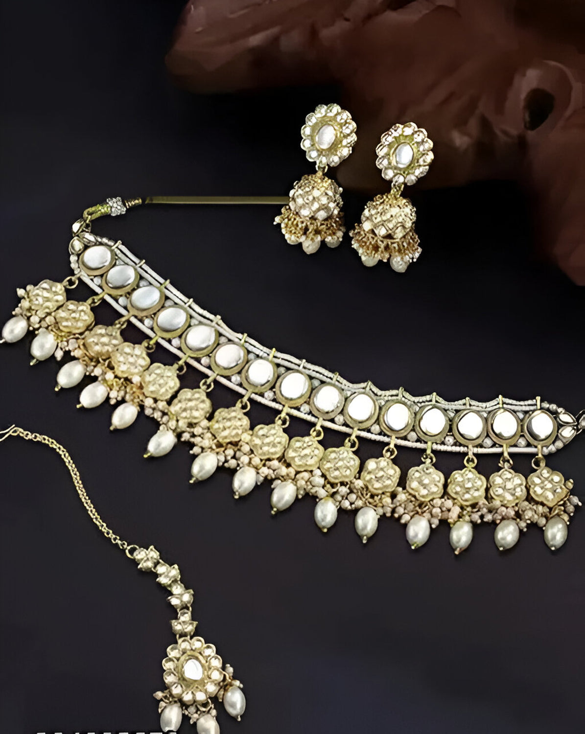 Jewel City Elegant Pearl Choker Necklace Set with Maang Tikka and Jhumka Earrings - Traditional Indian Bridal Jewelry Collection