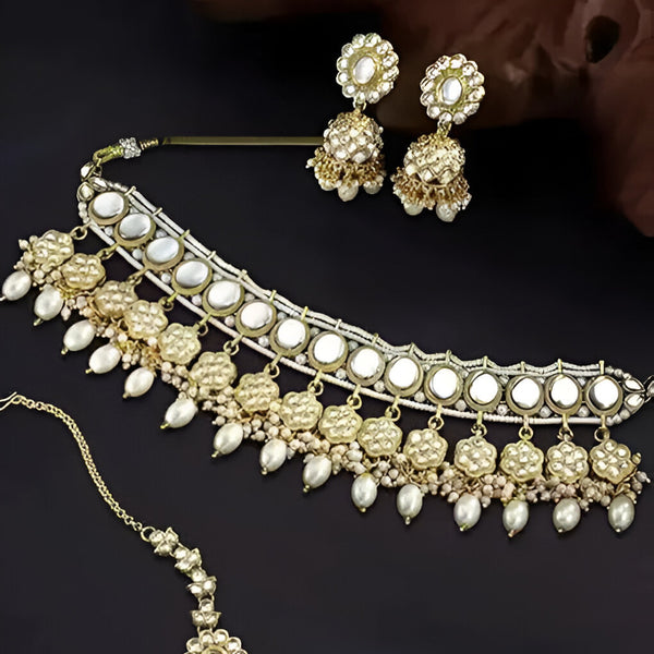 Jewel City Elegant Pearl Choker Necklace Set with Maang Tikka and Jhumka Earrings - Traditional Indian Bridal Jewelry Collection - Distacart