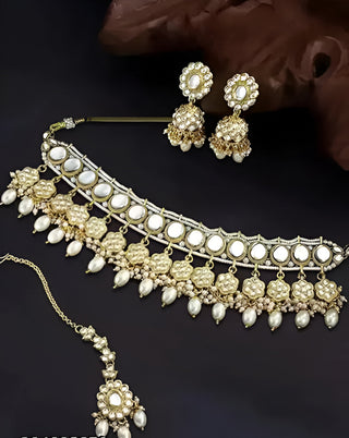 Jewel City Elegant Pearl Choker Necklace Set with Maang Tikka and Jhumka Earrings - Traditional Indian Bridal Jewelry Collection
