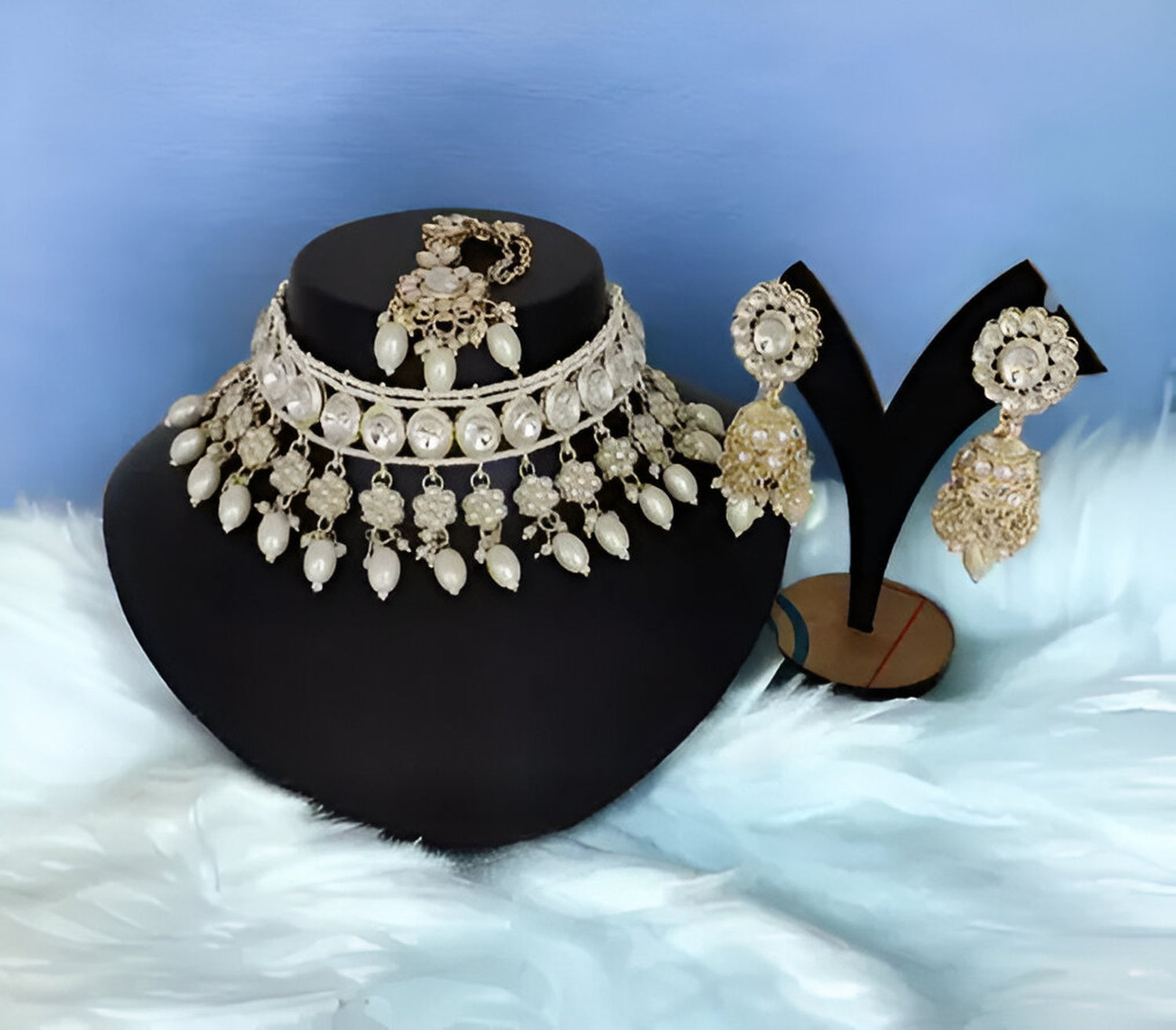 Jewel City Elegant Pearl Choker Necklace Set with Maang Tikka and Jhumka Earrings - Traditional Indian Bridal Jewelry Collection