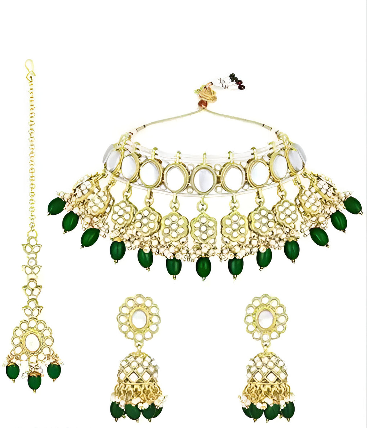 Jewel City Elegant Pearl Choker Necklace Set with Maang Tikka and Jhumka Earrings - Traditional Indian Bridal Jewelry Collection