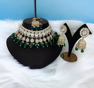 Jewel City Elegant Pearl Choker Necklace Set with Maang Tikka and Jhumka Earrings - Traditional Indian Bridal Jewelry Collection