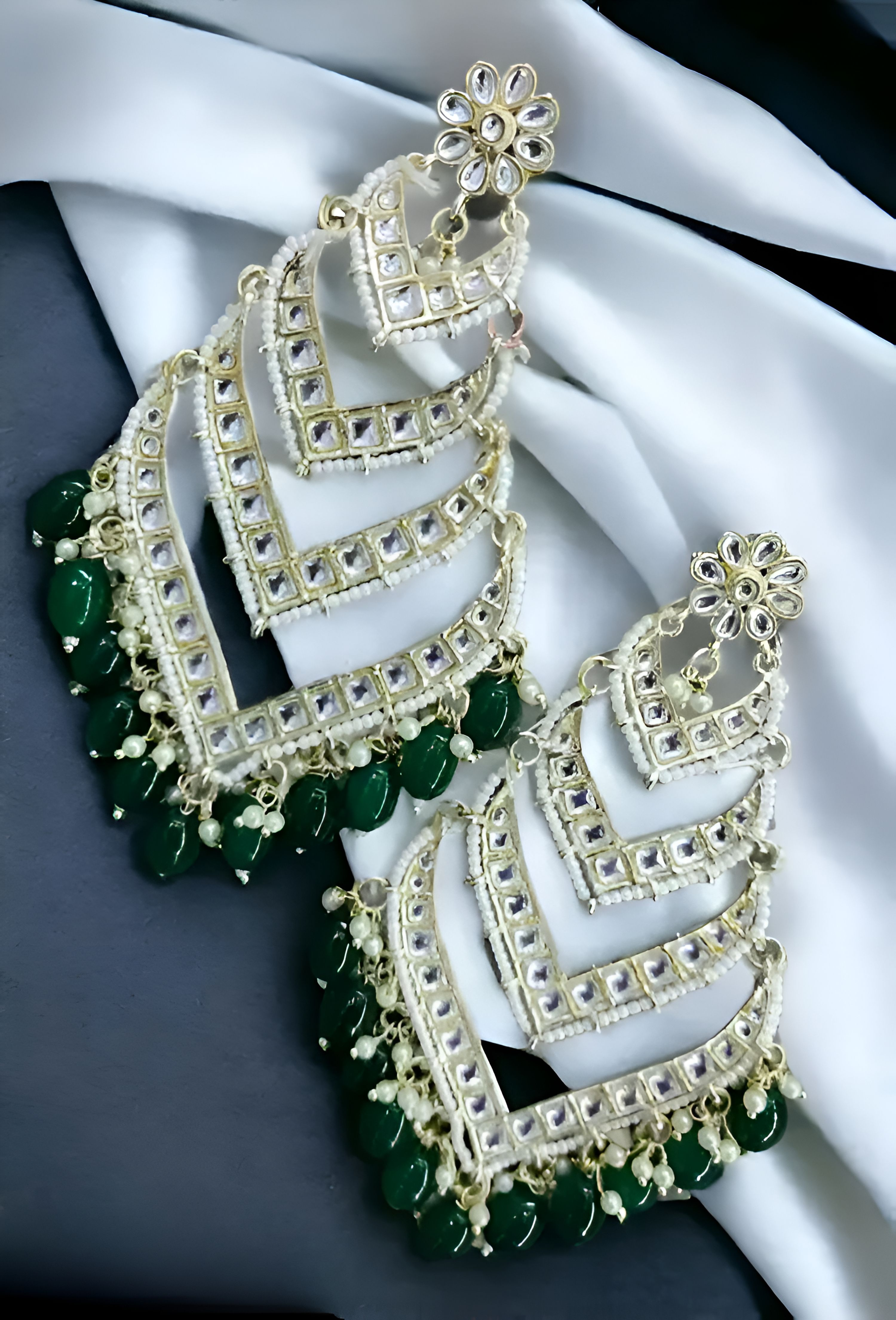 Jewel City Elegant Layered Kundan Pearl Earrings - Handcrafted Multi-Tier Chandbali Jhumkas - Bridal Wedding Statement Jewelry