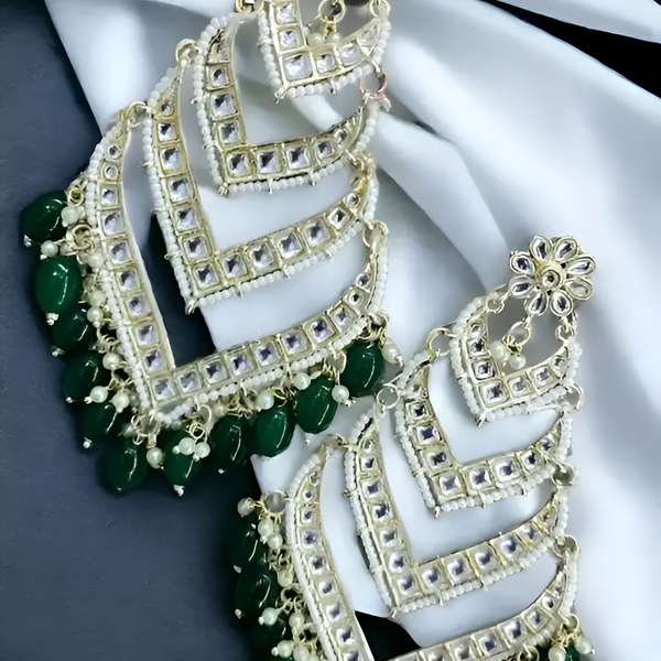 Jewel City Elegant Layered Kundan Pearl Earrings - Handcrafted Multi-Tier Chandbali Jhumkas - Bridal Wedding Statement Jewelry - Distacart