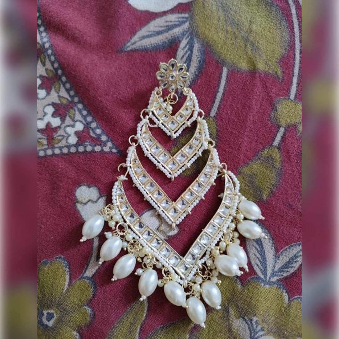 Jewel City Elegant Layered Kundan Pearl Earrings - Handcrafted Multi-Tier Chandbali Jhumkas - Bridal Wedding Statement Jewelry