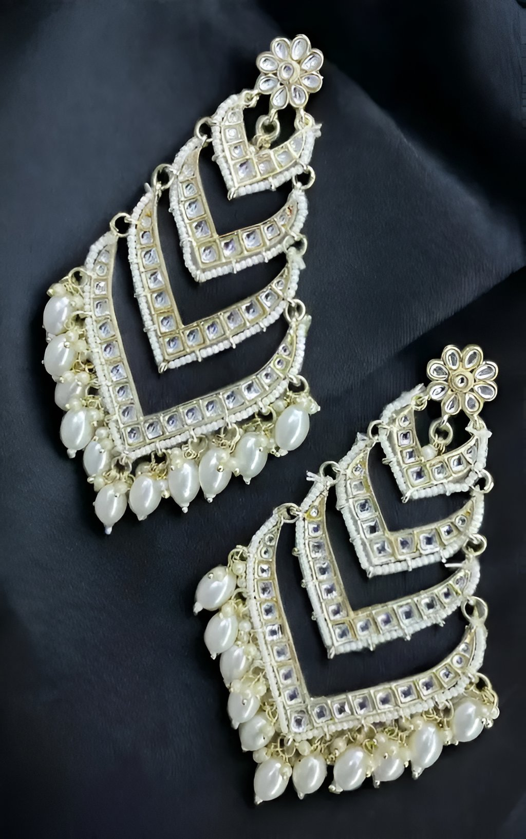 Jewel City Elegant Layered Kundan Pearl Earrings - Handcrafted Multi-Tier Chandbali Jhumkas - Bridal Wedding Statement Jewelry