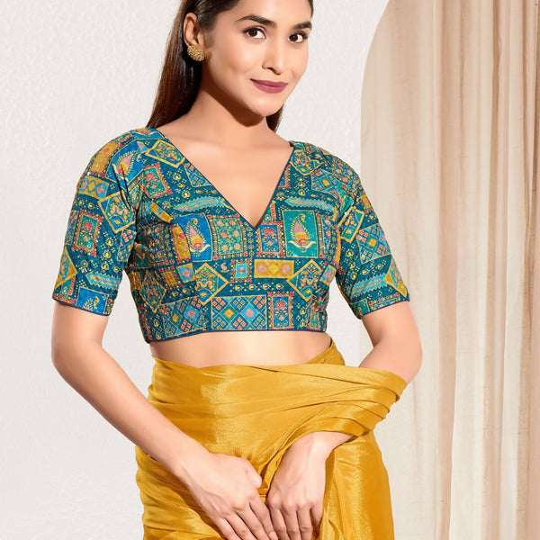 Joban Fashion Fire Blue Viscose Rayon Padded Blouse With V Neck Elbow Sleeves - Distacart