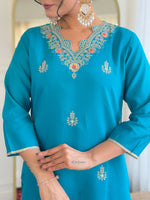 Thumbnail for The52 Blue Women's Gorgeous Viscose Fabric Embroidered Work Straight Kurta, Pant and Dupatta Set - Distacart