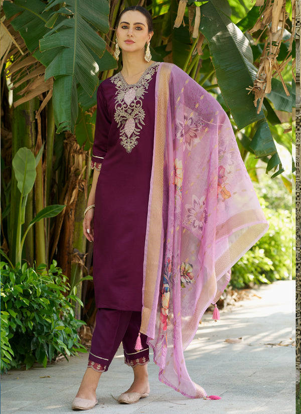Vegaa Fashion Wine Viscose Rayon Embroidered Salwar Suit