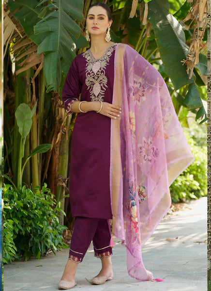 Vegaa Fashion Wine Viscose Rayon Embroidered Salwar Suit