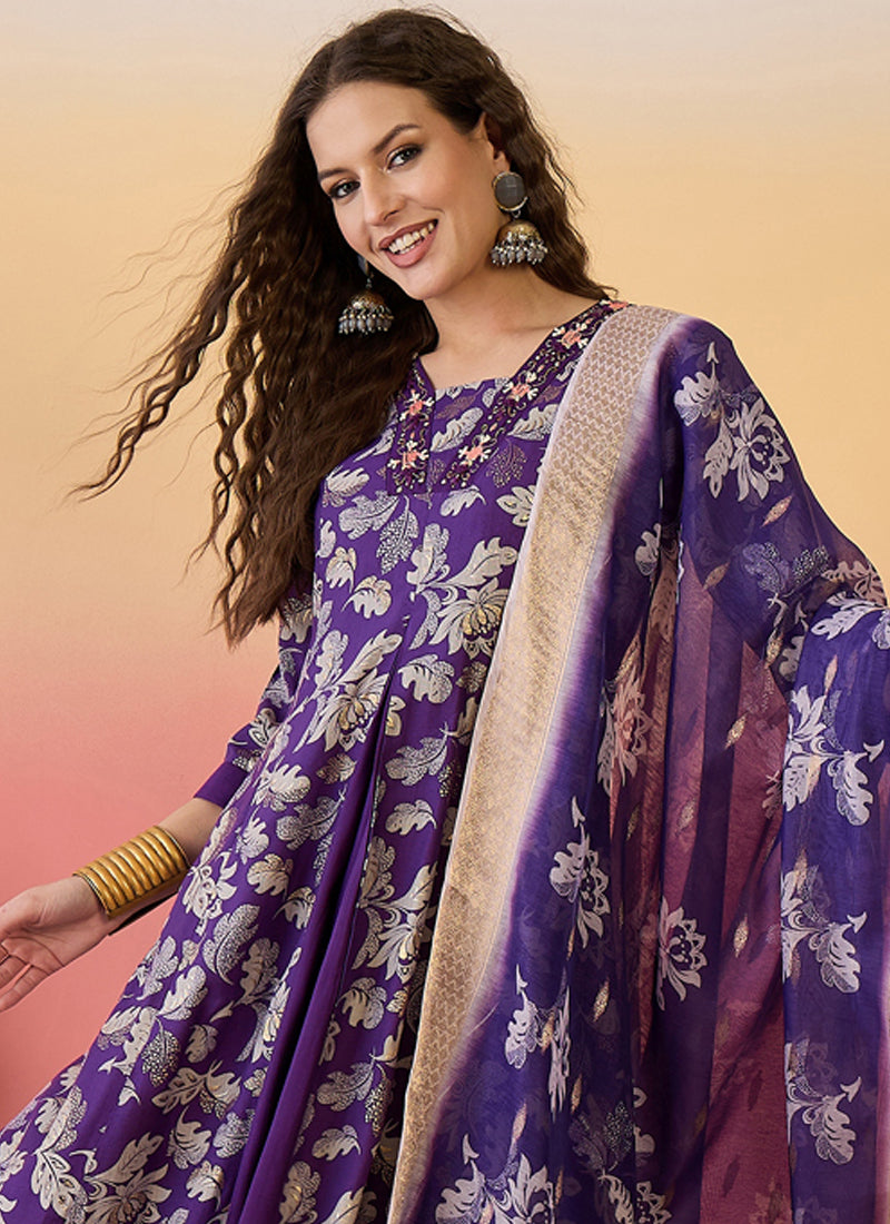 Vegaa Fashion Violet Roman Silk Embroidered Palazzo Suit - Distacart