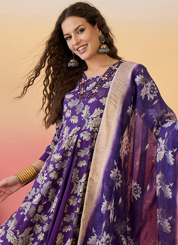 Vegaa Fashion Violet Roman Silk Embroidered Palazzo Suit