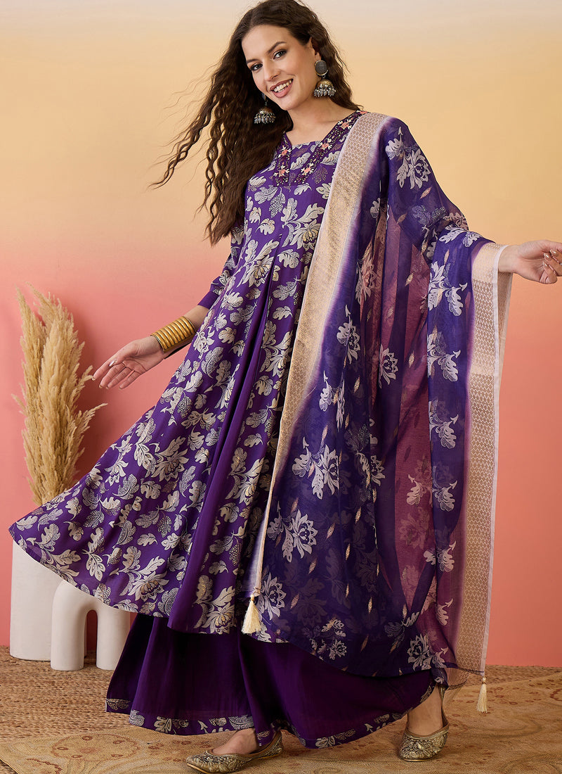 Vegaa Fashion Violet Roman Silk Embroidered Palazzo Suit - Distacart