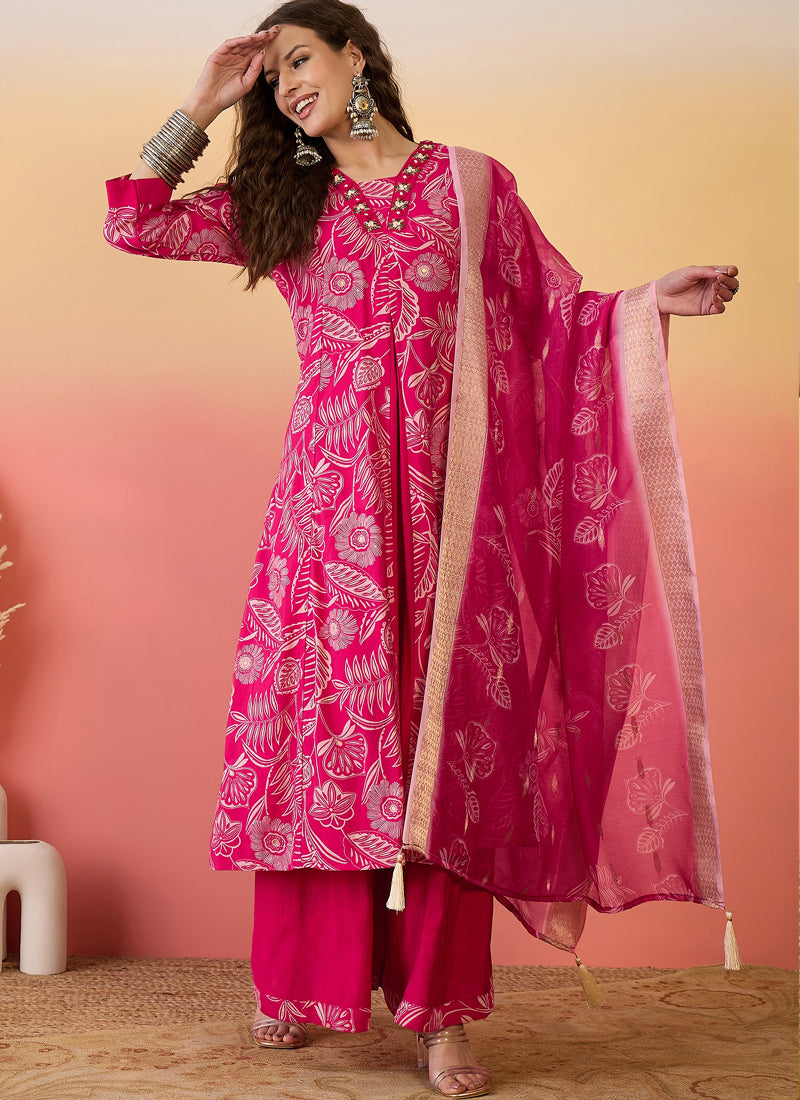 Vegaa Fashion Rani Pink Roman Silk Embroidered Palazzo Suit - Distacart