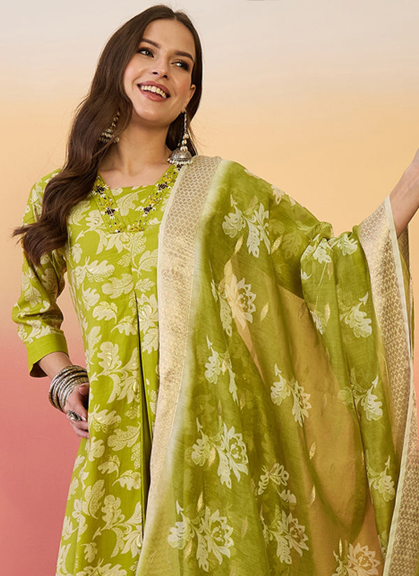Vegaa Fashion Parrot Green Roman Silk Embroidered Palazzo Suit