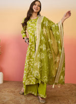 Thumbnail for Vegaa Fashion Parrot Green Roman Silk Embroidered Palazzo Suit