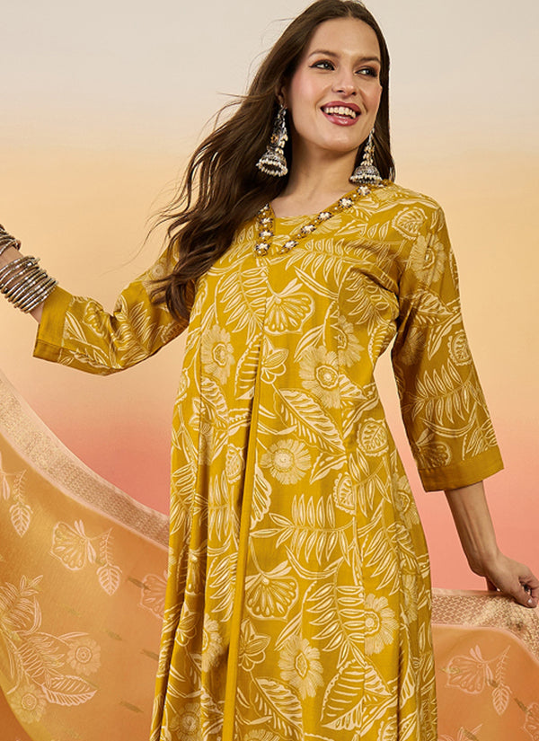 Vegaa Fashion Yellow Roman Silk Embroidered Palazzo Suit