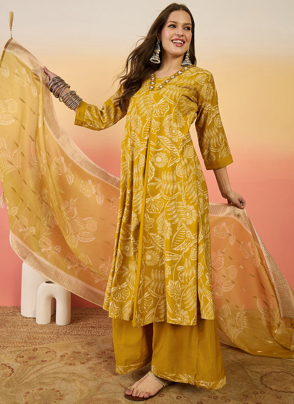 Vegaa Fashion Yellow Roman Silk Embroidered Palazzo Suit