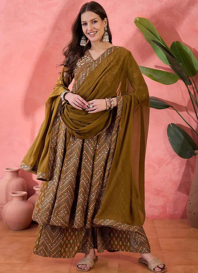 Vegaa Fashion Mustard Roman Silk Embroidered Palazzo Suit - Distacart